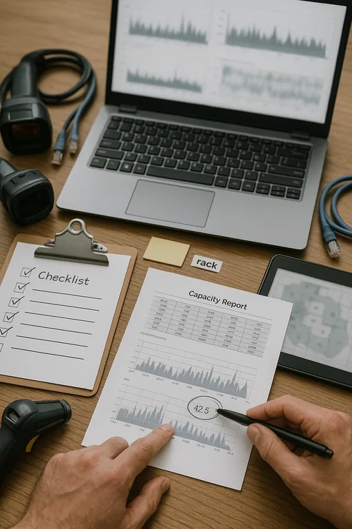 Technician reviewing printed capacity reports and a clipboard checklist with blurred graphs and handheld scanners on the desk as evidence of a site audit.