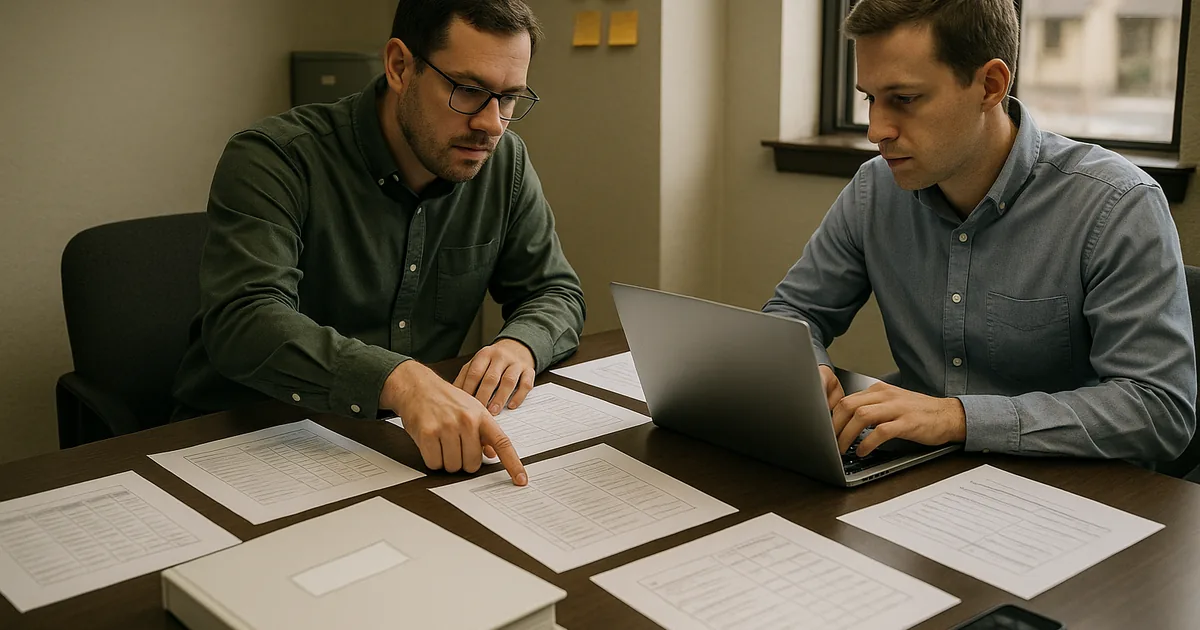 Two IT professionals reviewing printed asset inventories, access-review checklists, and a blurred laptop screen during a compliance review in a small office.
