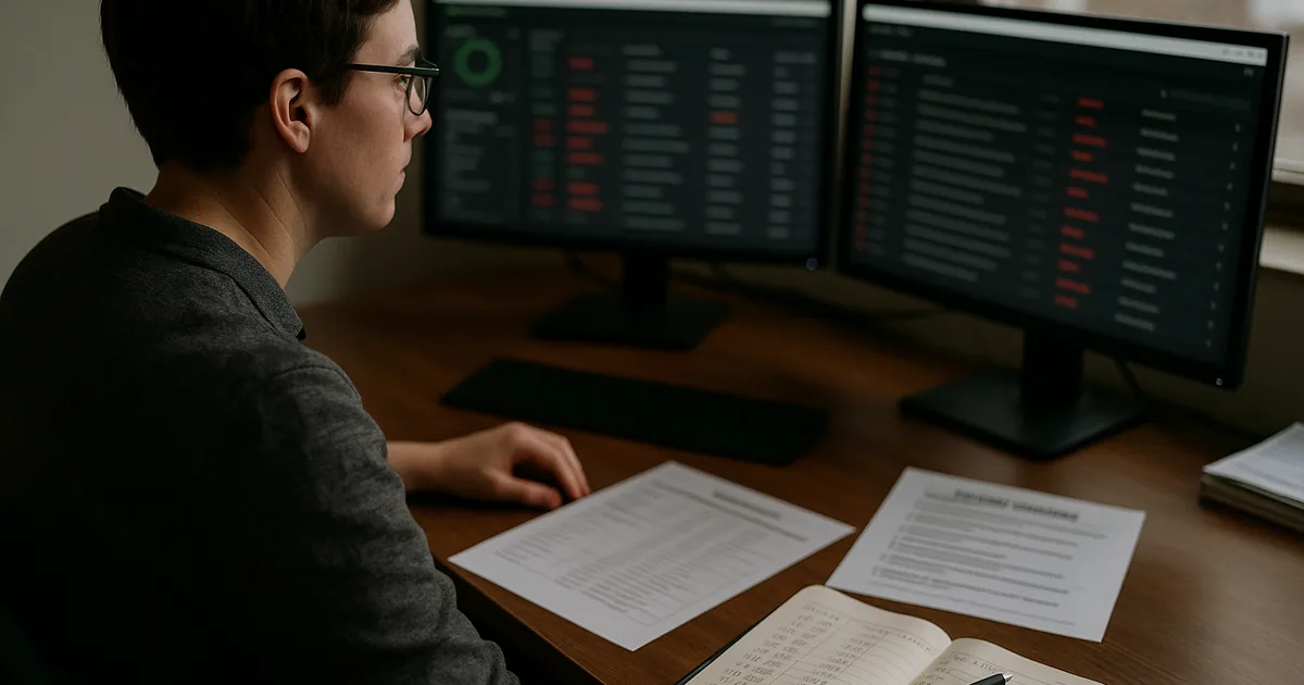 Technician at a small-business workstation reviewing blurred security dashboards with printed asset inventory and an incident checklist on the desk.