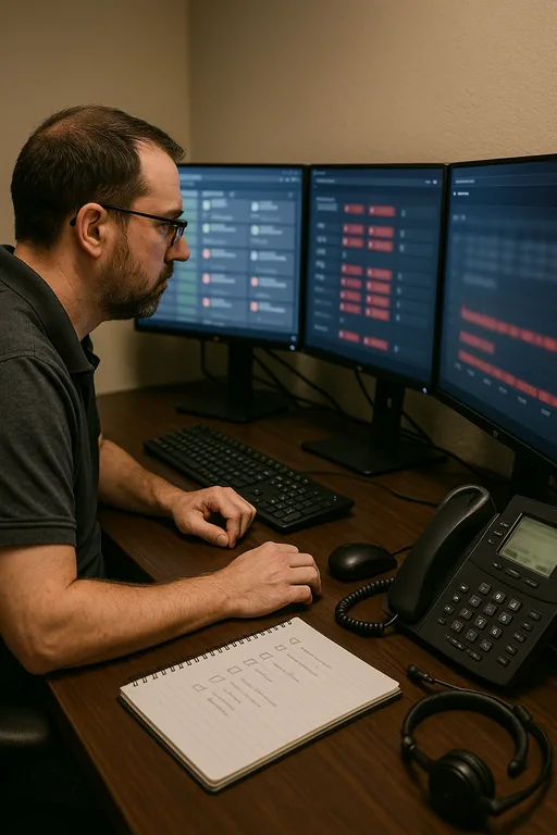 IT administrator reviewing a multi-monitor monitoring console with alerts and sign-in failure timelines in an office support area.