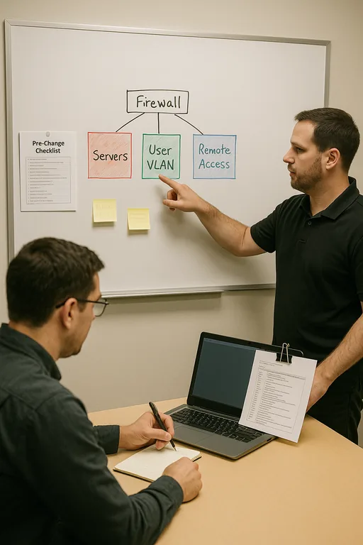 Whiteboard network diagram with checklists and technicians planning change control and rollback steps in a meeting room.