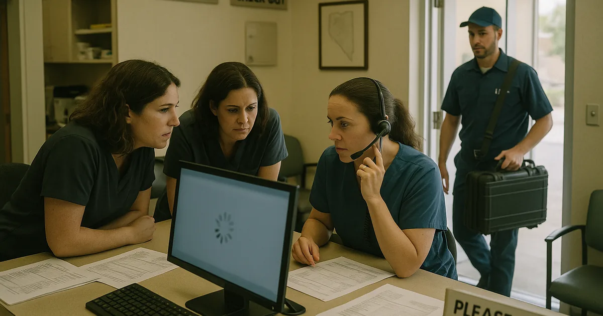A real front-desk lockout interrupts patient intake while an IT technician arrives to diagnose access and scheduling failures.