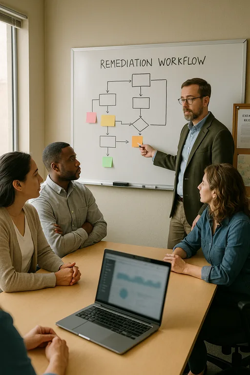 Clinic staff and a consultant reviewing a remediation workflow on a whiteboard with sticky notes and a blurred monitoring laptop.