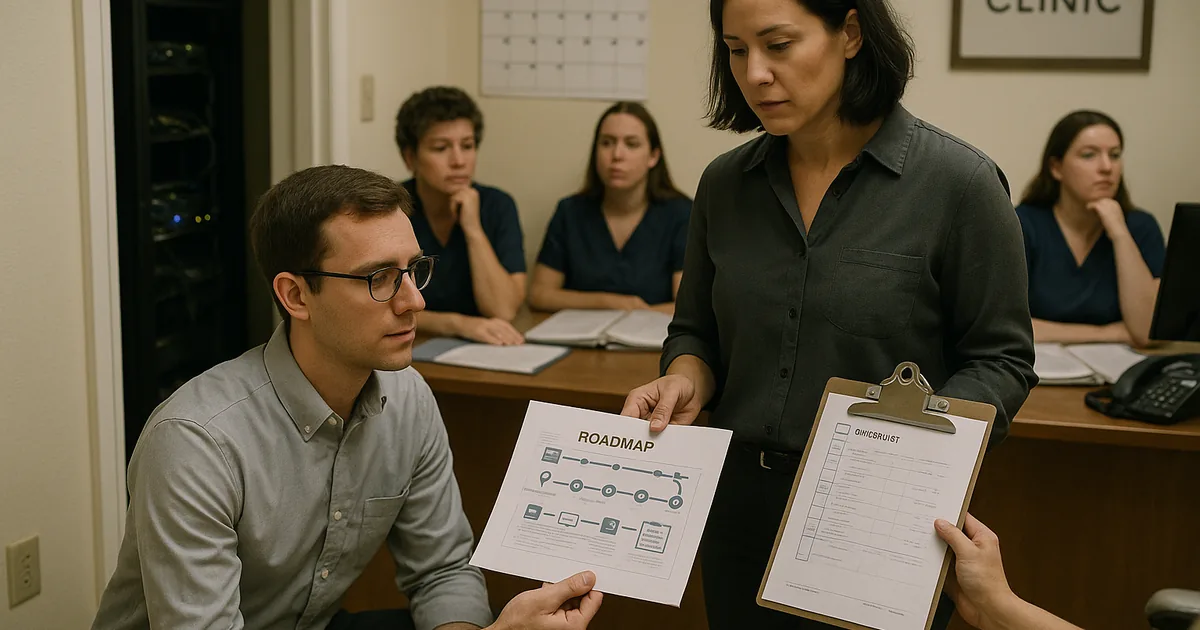 An on-site roadmap review shows how connecting budget, risk, and recovery steps reduces surprise lockouts in medical practices.