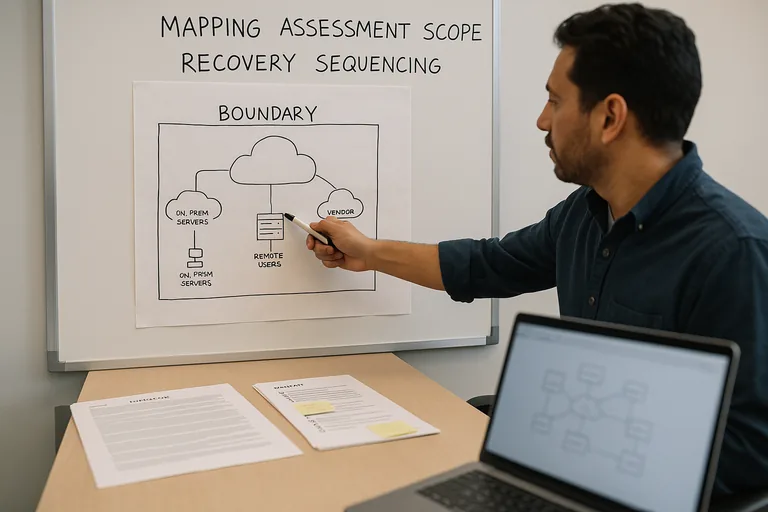 Engineer pointing to a whiteboard boundary diagram with runbooks and checklists on a table, mapping systems and recovery sequence.
