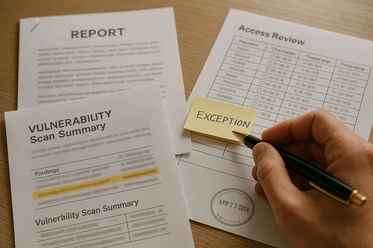 Close-up of printed access-review sheets, a vulnerability summary, and a pen marking an exception on a desk.