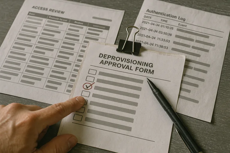 Close-up of printed access reviews, timestamped log printouts, and deprovisioning approval papers on a desk.