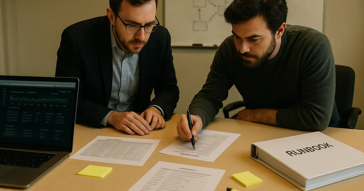 IT consultant and engineering lead reviewing blurred printed access logs, asset inventory, and a runbook during a compliance evidence review.