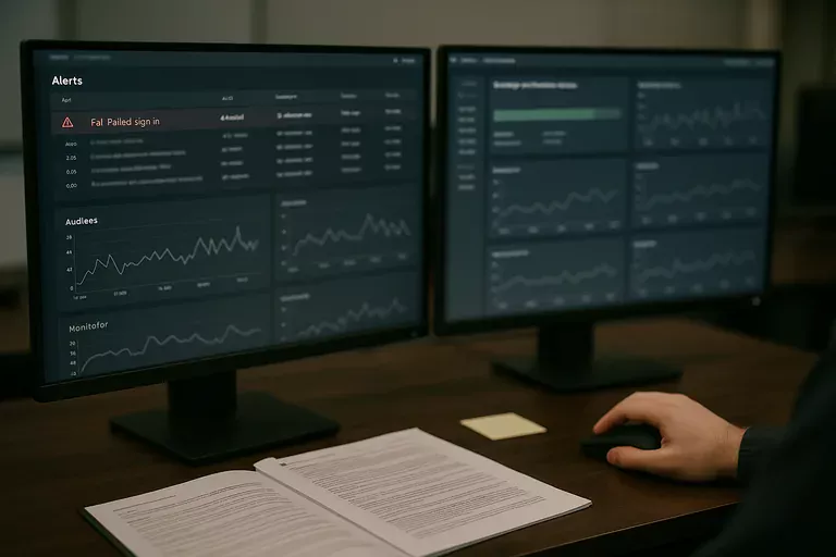 Monitoring workstation displaying alerts, a failed sign-in notice, and backup verification indicators.