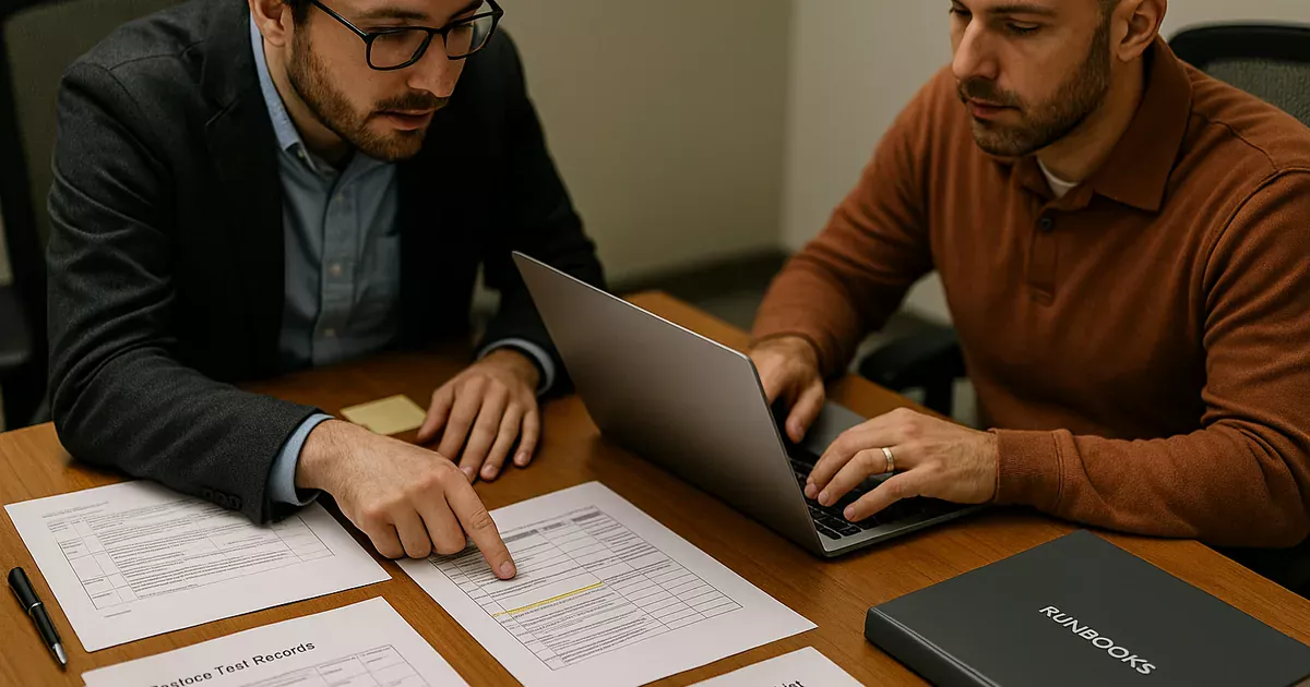 IT consultant and contractor reviewing printed runbooks, restore-test records, and an access review at a conference table.