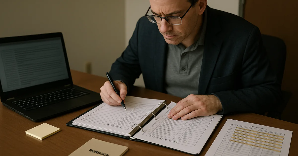 An IT consultant reviewing a binder of compliance checklists and printed access-review records at a conference table with a laptop and runbook.