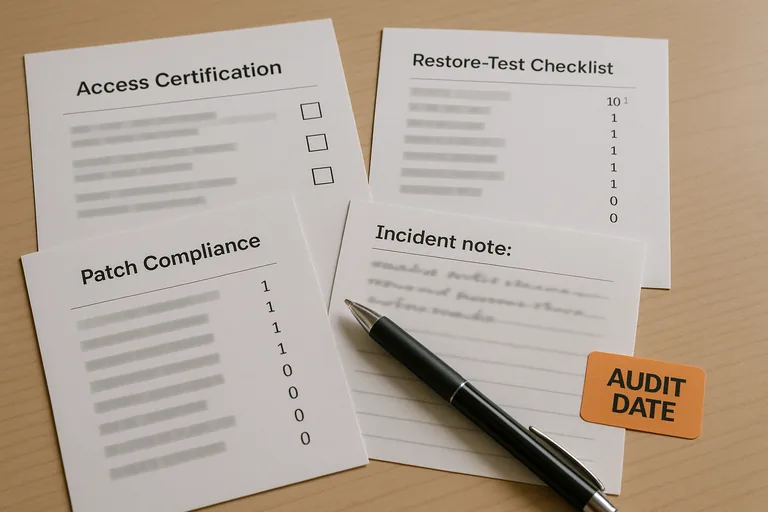 Close-up of printed access certification, patch compliance, and restore-test checklists arranged as audit evidence.