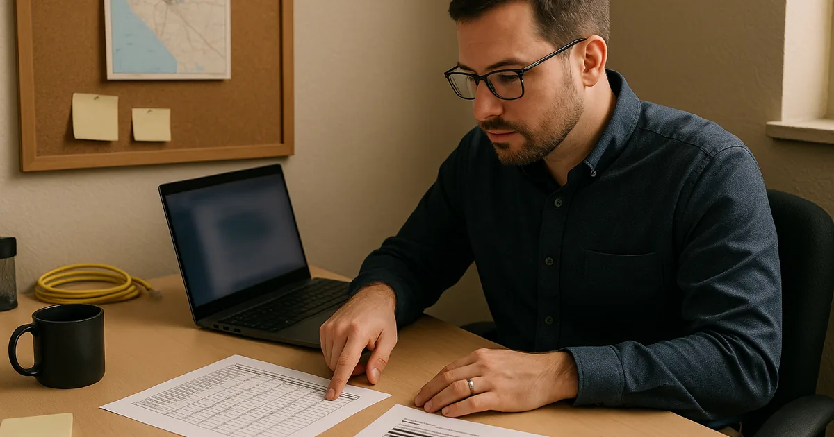 IT consultant reviewing a printed asset inventory and a blurred dashboard on a laptop in a small Fallon office.
