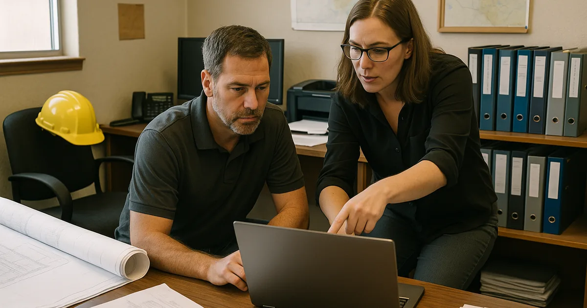 An on-site incident coordination moment showing IT and project administration working together to contain a mailbox compromise and review access to contract files.