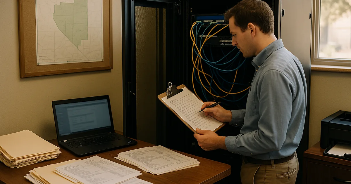 A hands-on network inspection in a financial office showing how access and backup checks are tied to operational recovery.