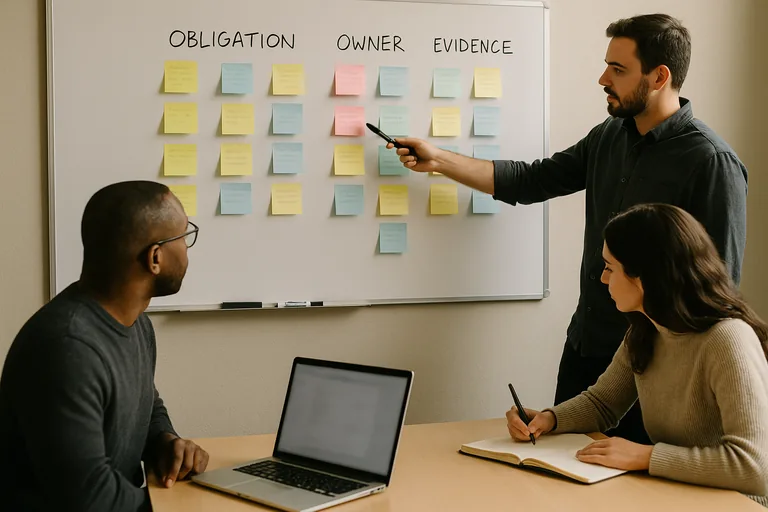 Team working around a whiteboard and sticky notes mapping obligations to controls, owners, and evidence.