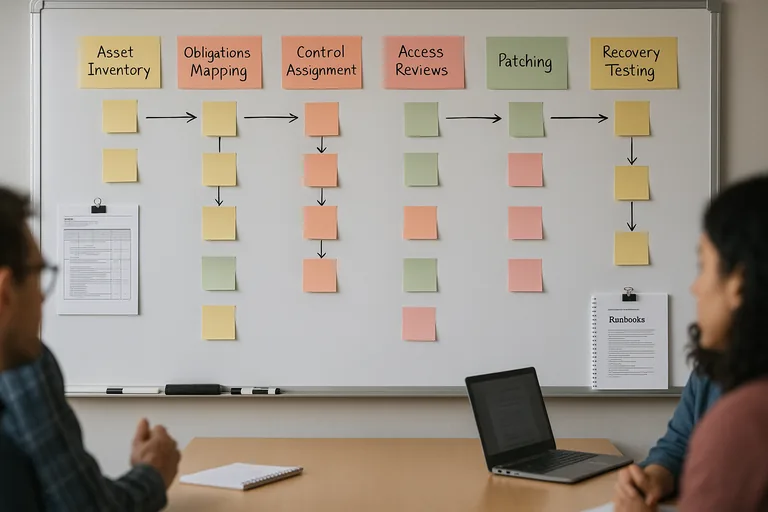 Meeting-room planning board with sticky notes and runbooks illustrating a cyclical compliance and risk management workflow.