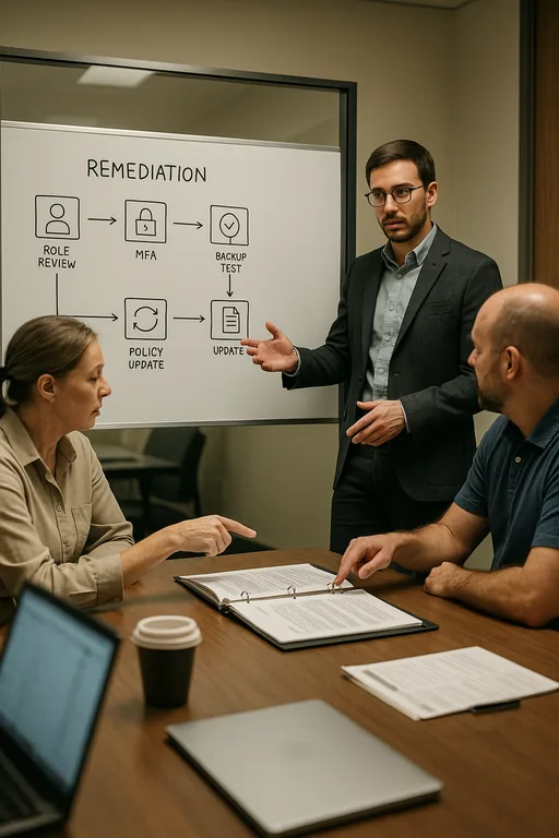 Consultant and practice staff reviewing a blurred flowchart on a whiteboard and an open runbook during a remediation planning session.