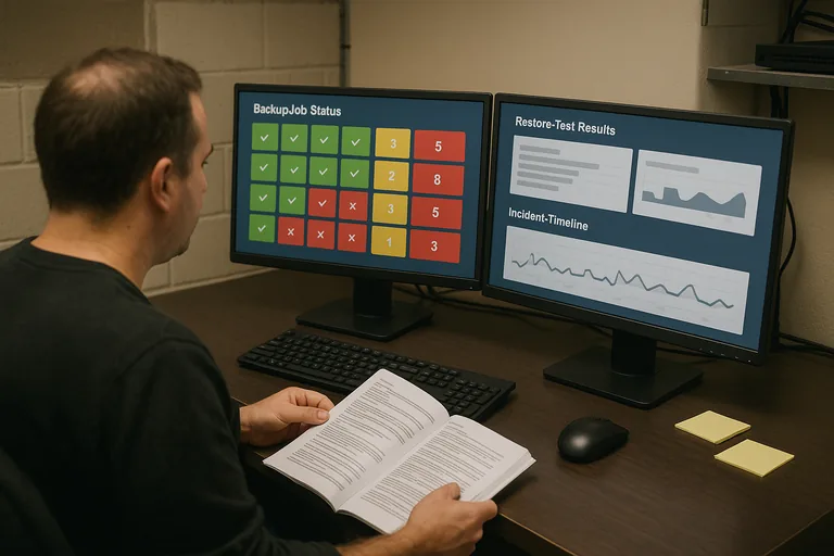 Operations workstation displaying a backup and restore-results dashboard with status indicators, alongside a printed runbook and notes, showing verification of controls.