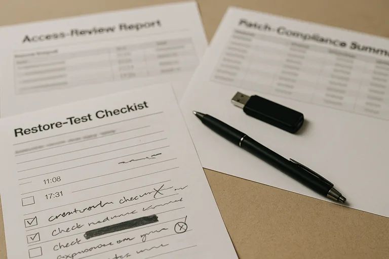 Close-up of printed access review, patch compliance summary, and a restore-test checklist with handwritten notes and a redaction strip, photographed as operational evidence.