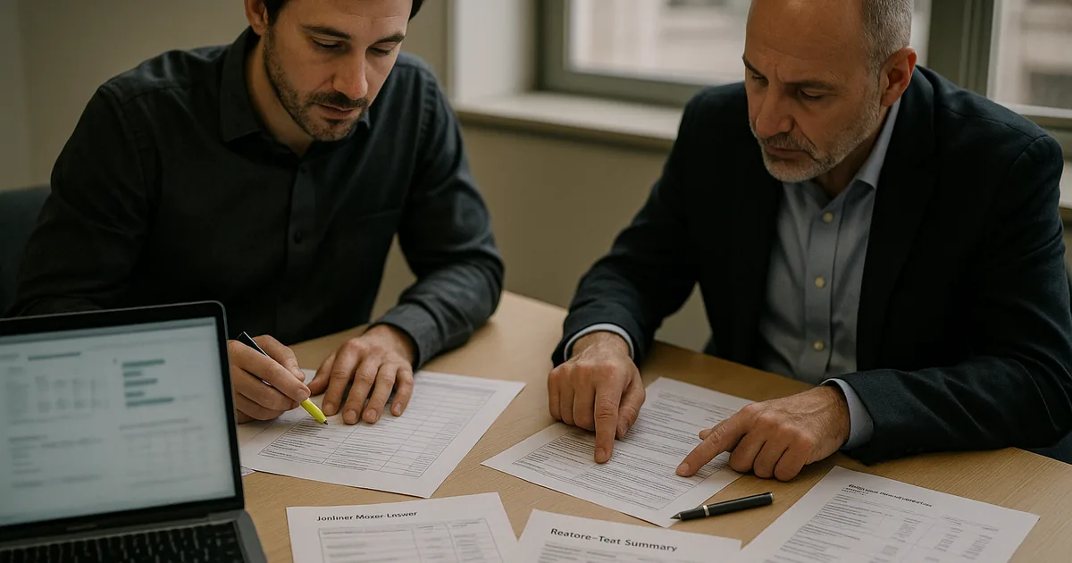 Consultant and manager examining printed access-review reports, restore-test summaries, and checklists on a conference table.