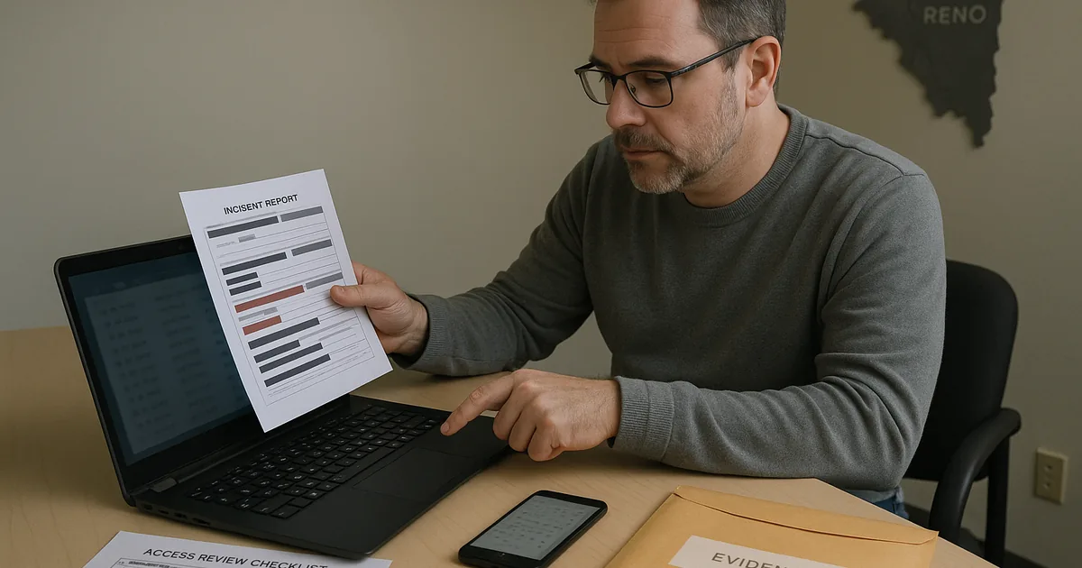 IT consultant reviewing a redacted incident packet and a laptop with blurred VPN login logs in a small Reno office.