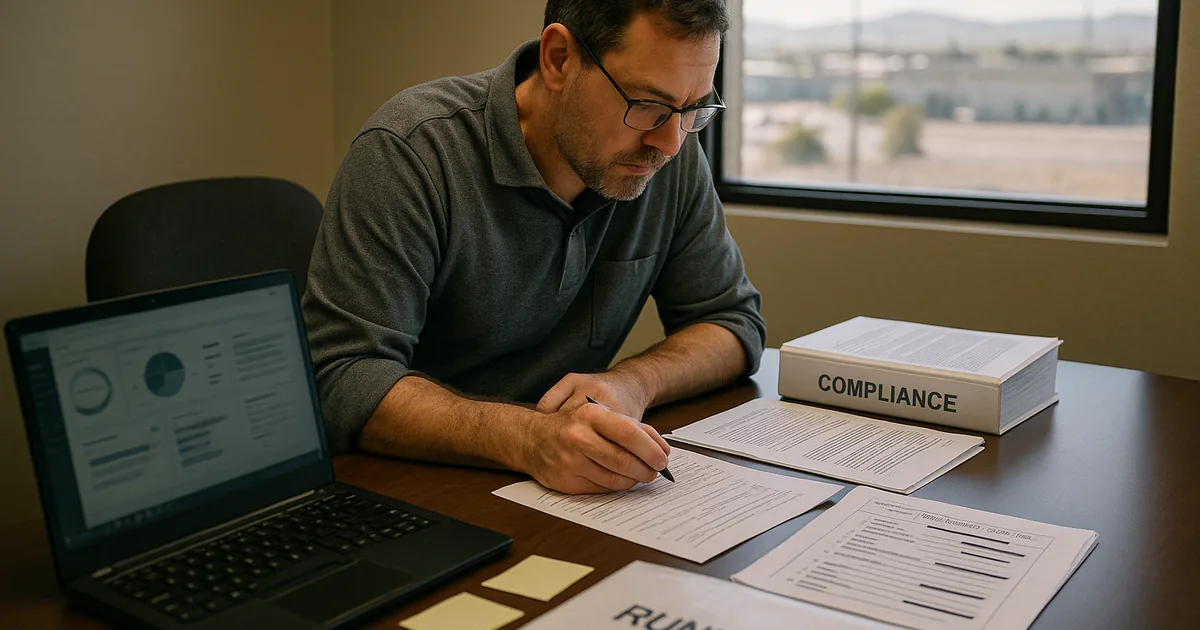 IT consultant reviewing printed runbooks, access-review checklists, and a laptop in a Sparks office, showing operational compliance review in progress.