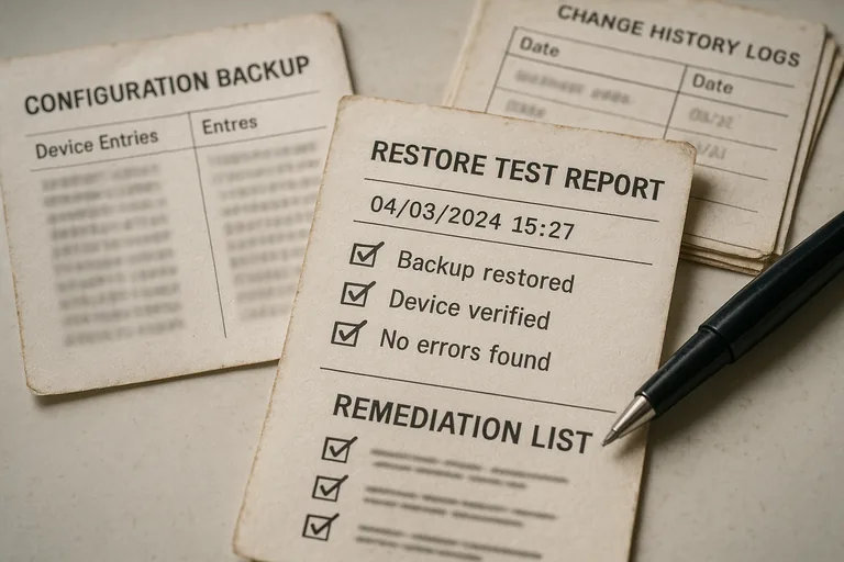 Close-up of printed configuration backups, a timestamped restore-test report, and a change-history checklist used during a network audit.