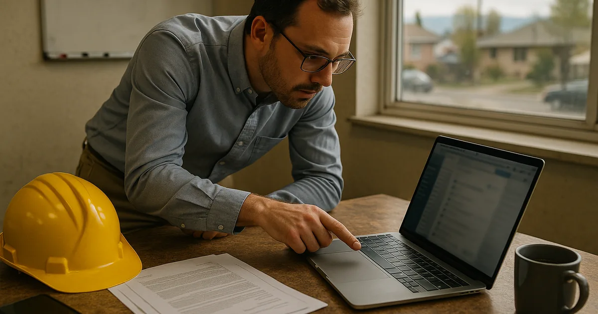 An on-site incident review in a construction office shows the practical mix of contracts, devices, and IT work needed to contain a breach.