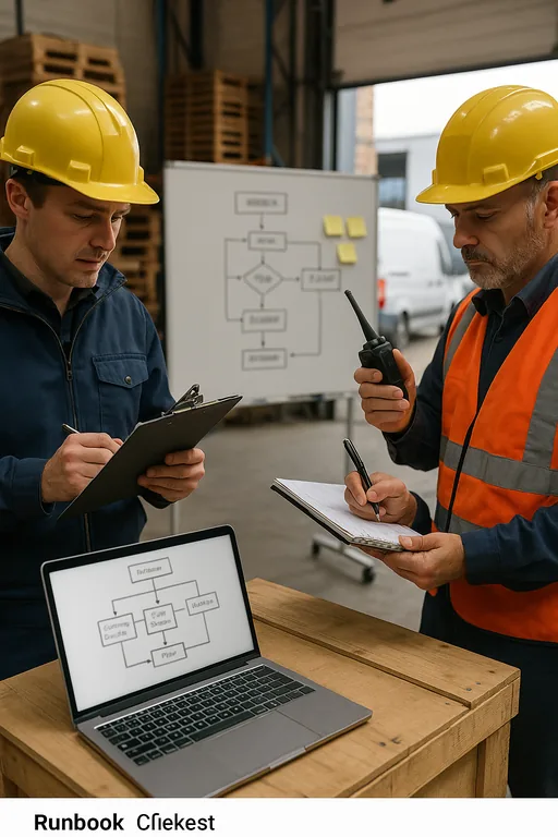 Warehouse technician following a printed runbook while staff log actions on paper and a blurred flowchart sits on a whiteboard during a containment drill.