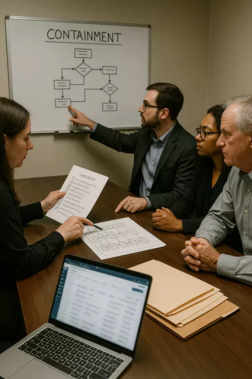 Team reviewing a printed runbook and whiteboard flowchart to coordinate containment and recovery steps after an outage.