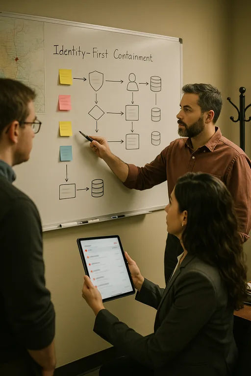 Team discussing an account-containment and recovery workflow at a whiteboard with flow arrows and sticky notes