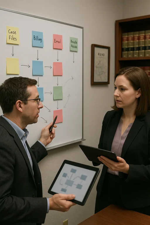 Consultant and office administrator mapping systems to business functions on a whiteboard with color-coded sticky notes during a compliance gap audit.