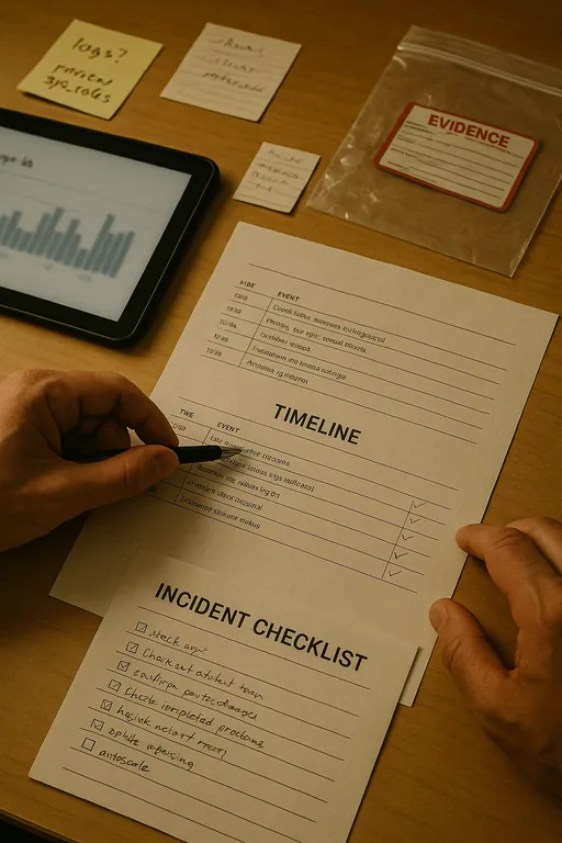 Close-up of a technician reviewing a printed incident timeline, checklist, and blurred sign-in graph on a tablet while pointing with a pen.