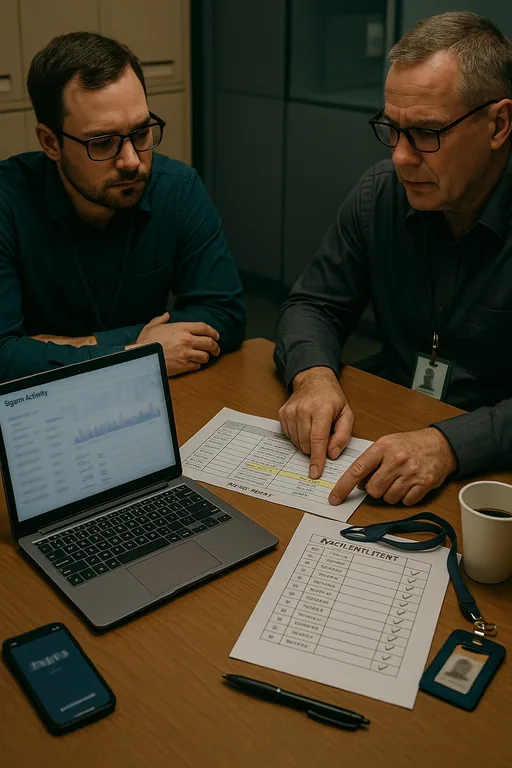 Analyst and manager reviewing a printed incident timeline and blurred sign-in analytics on a laptop during a credential misuse investigation.
