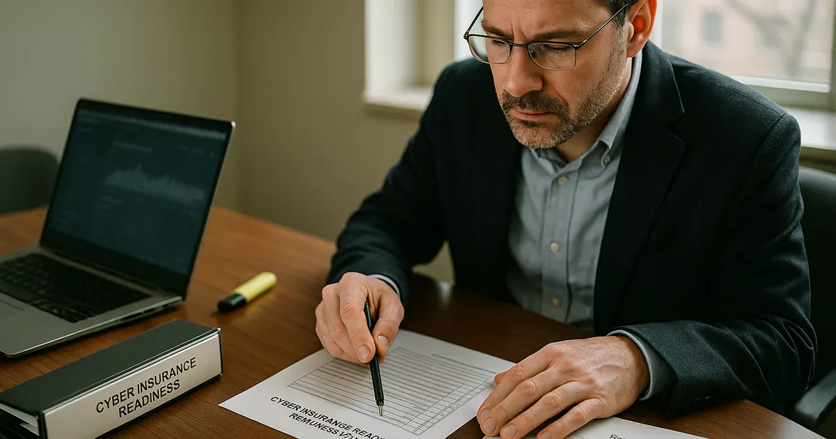 IT consultant reviewing printed restore-test results, an asset checklist, and a laptop with a blurred monitoring screen to assess cyber insurance readiness.