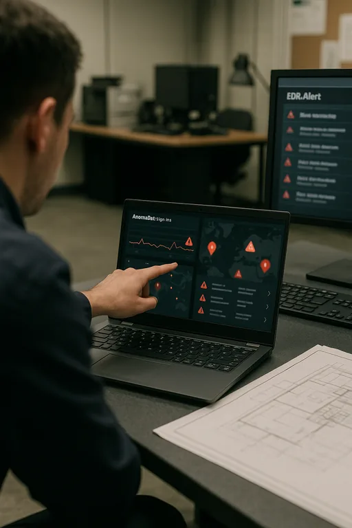 Analyst pointing at a security dashboard showing blurred anomalous sign-ins and a map, with construction plans beside the workstation.