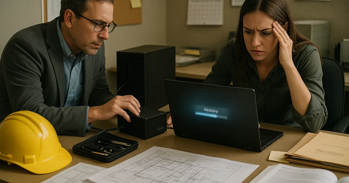 A technician-led restore in a construction office illustrates how breaches interrupt billing and project coordination until recovery is proven.
