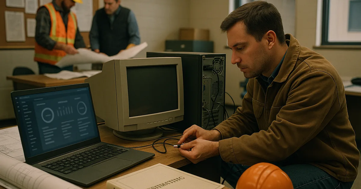 A technician remediates a legacy workstation in a construction office, highlighting how mixed old and new devices create the Innovation Wall risk.