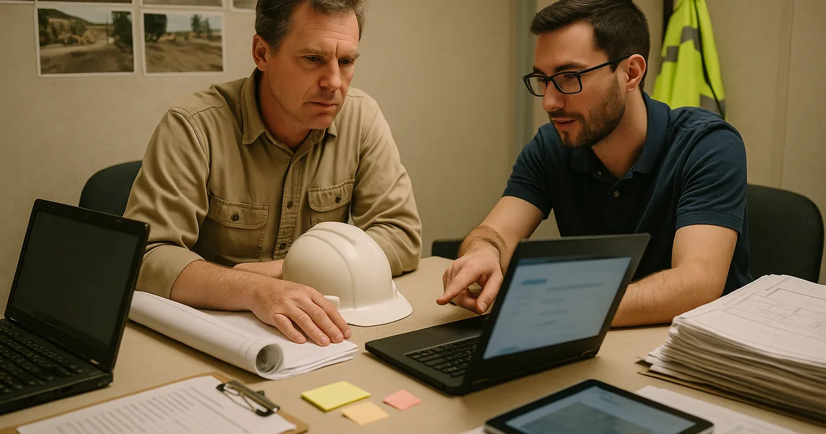 A remediation meeting in a local construction office showing how IT review and coordination stabilize operations after a breach.