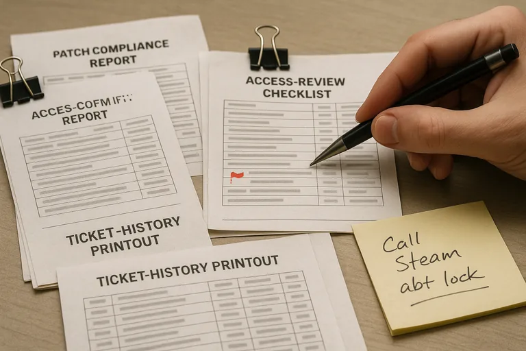 Close-up of printed patch compliance reports, access-review checklists, ticket history and technician notes used to verify managed IT controls.