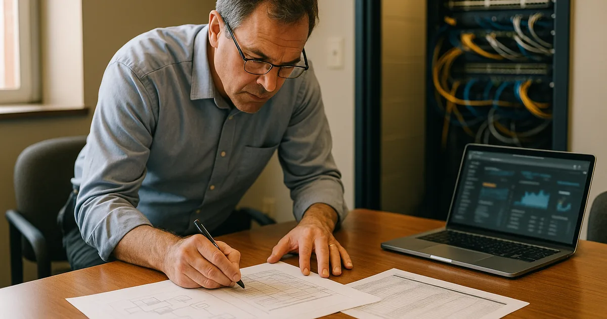 IT consultant reviewing a printed runbook and asset inventory on a table with a network rack visible in the background.