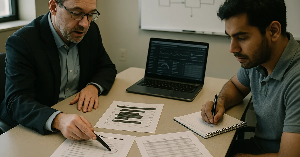 IT consultant and engineer reviewing printed restore-test checklists, a redacted CAD drawing, and access-review artifacts during a security readiness meeting.