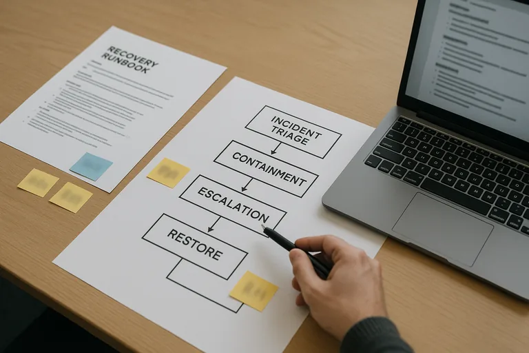 Team member pointing at a printed incident response and recovery flowchart while reviewing a runbook and escalation steps.