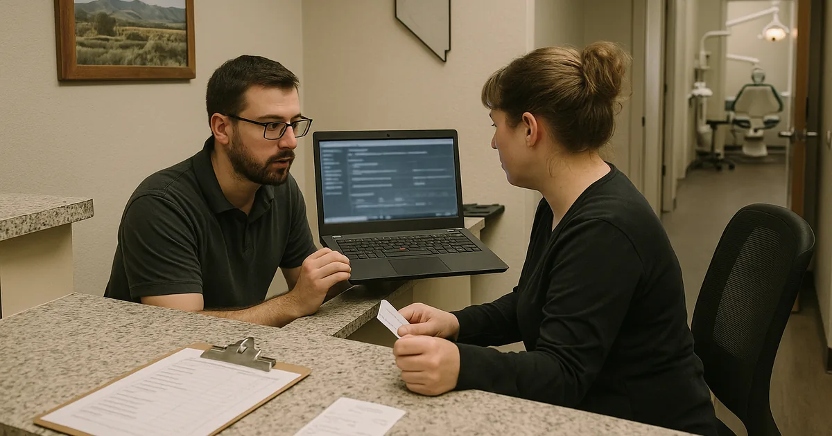 A technician troubleshooting front‑desk logins while staff rely on checklists and temporary workarounds during morning patient hours.