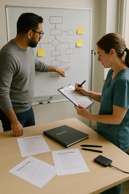 IT consultant and office manager mapping recovery order at a whiteboard with runbook checklists and backup drive on the table.