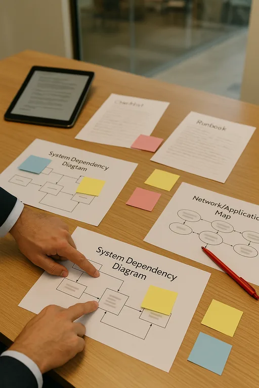 Printed dependency diagrams, checklists, and sticky notes on a clinic table during an application dependency review.