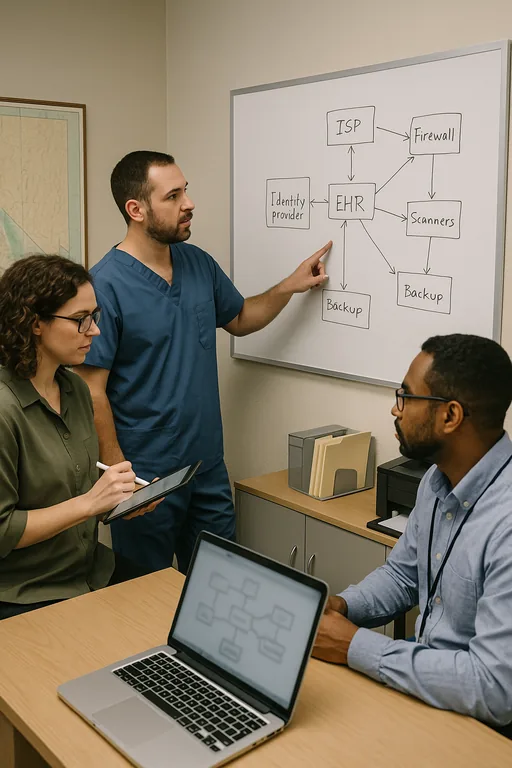 Small team mapping vendor and technical dependencies on a whiteboard to define escalation and failover workflows.