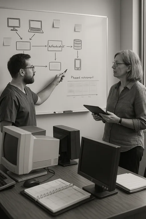 Technician and manager reviewing a dependency mapping and phased retirement plan on a whiteboard in a clinic office.