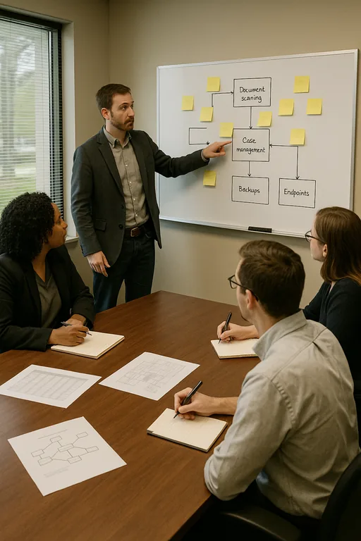 Consultant and law firm staff in a meeting room mapping system dependencies on a whiteboard and printed inventory sheets, showing a practical modernization plan.